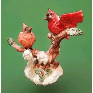 Red Cardinals Figurine 2 Birds On Branch In Snow Covered Ground + Holly Plant